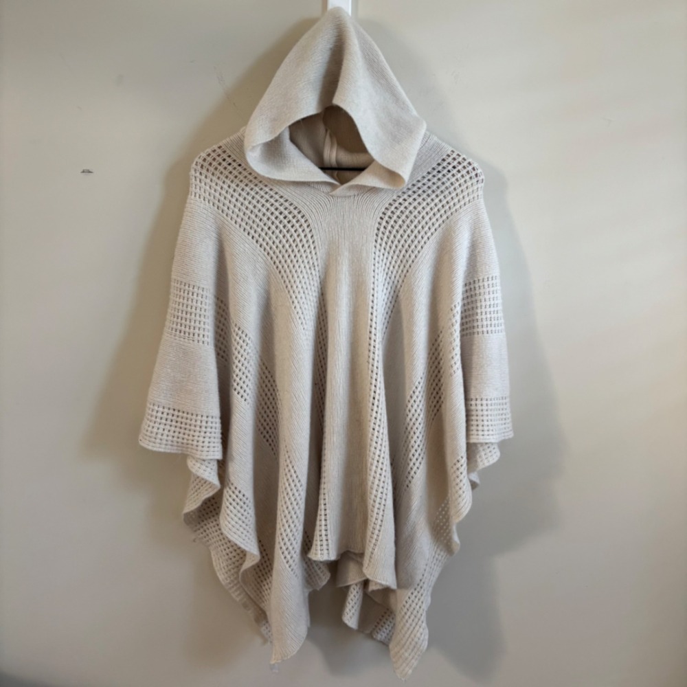 Mudd Cream Hooded Poncho Sweater Open Knit Pointelle Boho Layering Cape